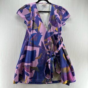 PIA Dress S Abstract Print A-Line Wrap Mini Cap Sleeve Tie Belted Purple